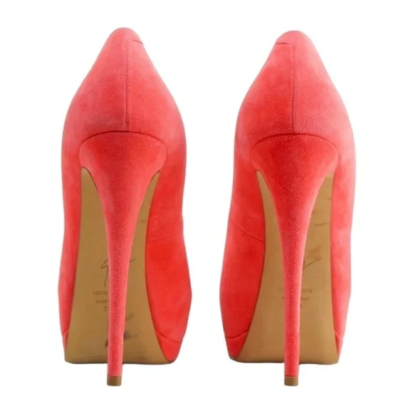 Giuseppe Zanotti Coral Pink Suede Sharon Peep Toe Platform Pumps Size 38.5 - Picture 4 of 5
